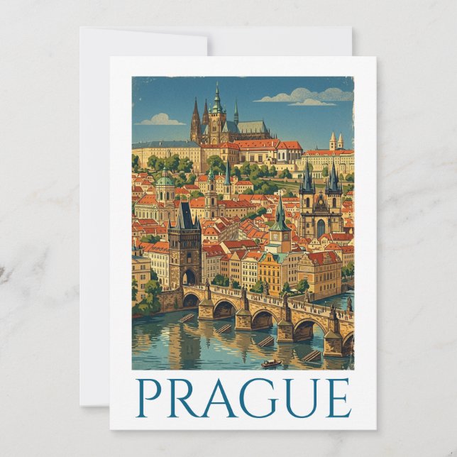 Retro Vintage Prag Tjeckien Stadsvy Inbjudningar (Framsida)