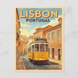 Retro Vintage Resa Lissabon Portugal Gul Spårvagn Vykort