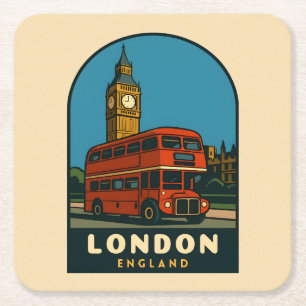Retro Vintage Resa London Big Ben England  Underlägg Papper Kvadrat