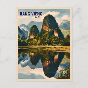 Retro Vintage Resa Vang Vieng Laos Landskap Vykort