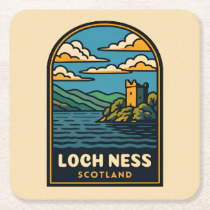 Retro Vintage resor Loch Ness Scotland Castle Underlägg Papper Kvadrat