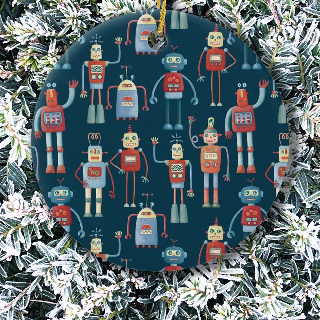 Retro Vintage Robots Julgransprydnad Keramik (Fun robots Christmas ornament)