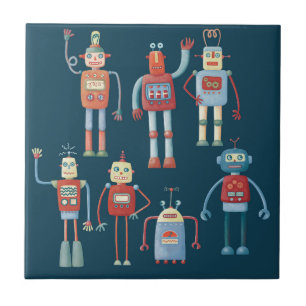 Retro Vintage Robots Kakelplatta