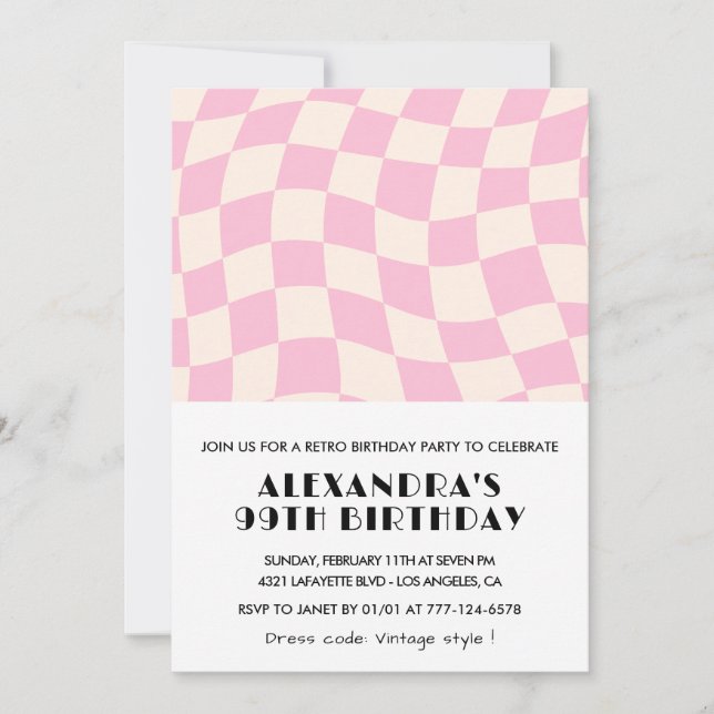 Retro Vintage Rosa Checkered 99-årsdagen Inbjudningar (Framsida)