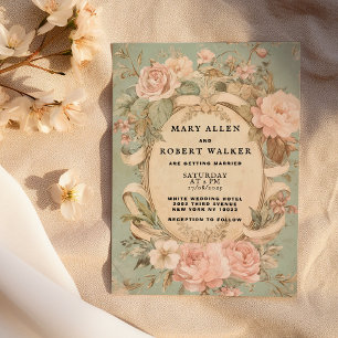 Retro vintage rosa mint blommigt ram bröllop inbjudningar