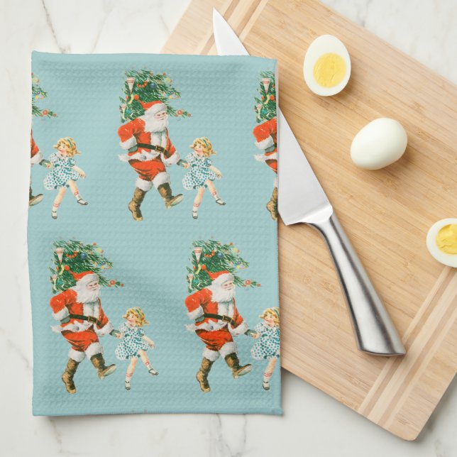 Retro Vintage Santa & Girl-jul Kökshandduk (Vikt i Fjärdedel)