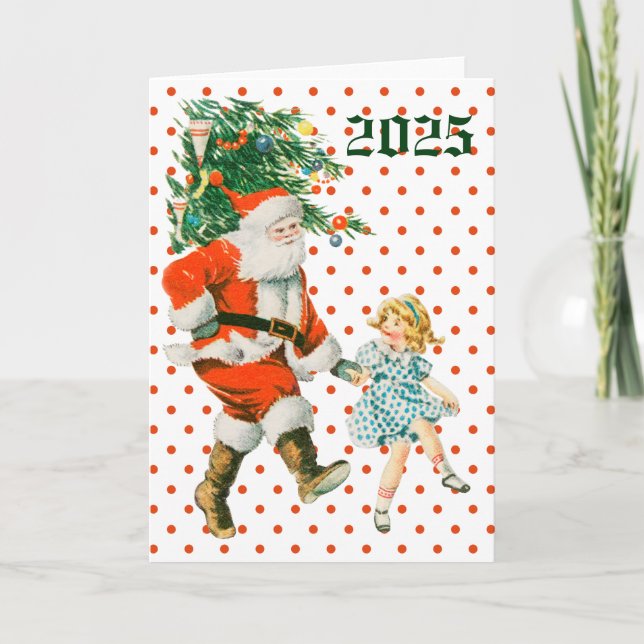 Retro Vintage Santa & Girl-jul Kort (Framsida)