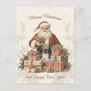 Retro Vintage Santa Holly God jul Vykort