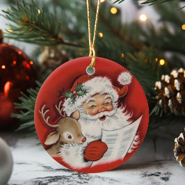 Retro Vintage Santa med Baby Rudolf jul Julgransprydnad Keramik