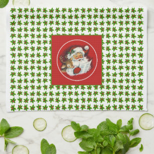 Retro Vintage Santa, Reindeer and Holly Kökshandduk