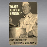 Retro Vintage Sepia WWII-kokning Köks Magnet<br><div class="desc">Sepia vintage retro American propaganda-kokningen poster från andra Världskriget eller WWII (1941-1945). Den främjar hälsosam mat med budskapet: Övermatning förstör vitaminer! Underbar matlagningsmagnet för ditt kök eller för en älskare-huvudgåva. Upptäck andra stilar om detta poster på min butik (Wall Art > Vintage Kitchen Cooking Poster).</div>