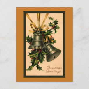 Retro Vintage Silver jul Klockor, Guld Ribbon Vykort
