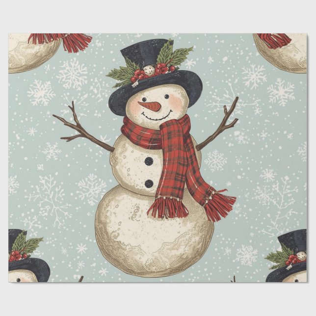 Retro Vintage Snowman Cute Christmas  Presentpapper (Platt)