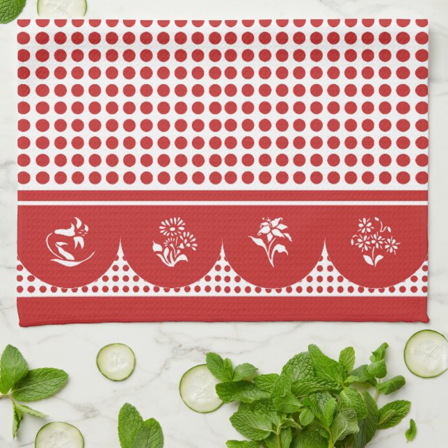 Retro Vintage stil Red Polka dot scallop Kökshandduk (Vikta)