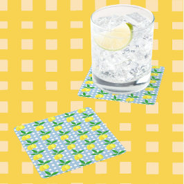 Retro Vintage Style Yellow Lemons Blue White Check Underlägg Papper Kvadrat