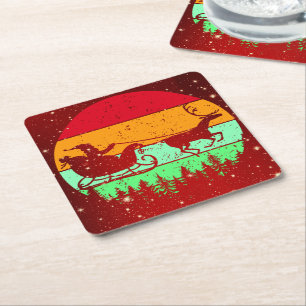 Retro Vintage Sunset Santa Sleigh Reindeer Underlägg Papper Kvadrat