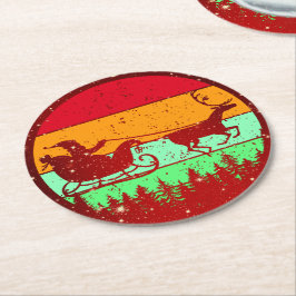 Retro Vintage Sunset Santa Sleigh Reindeer Underlägg Papper Rund