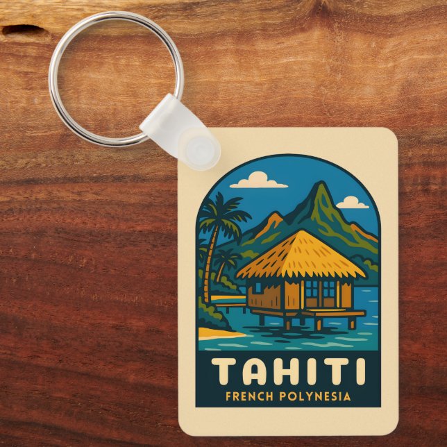 Retro Vintage Travel Tahiti French Polynesia Beach Nyckelring (Framsida)