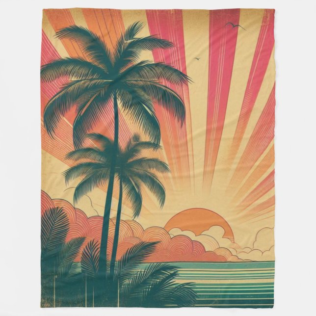 Retro/vintage tropiskt/hawaiiskt solnedfall fleecefilt (Framsidan)