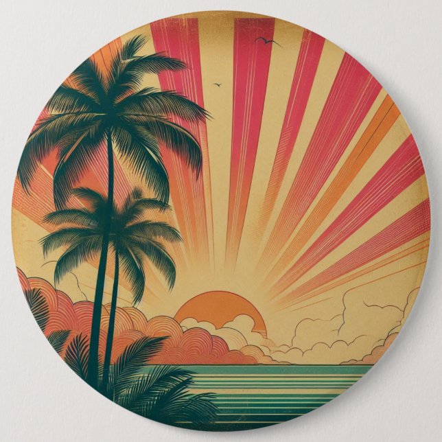 Retro/vintage tropiskt/hawaiiskt solnedfall knapp (Framsida)