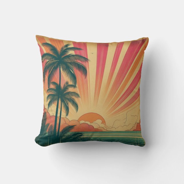 Retro/vintage tropiskt/hawaiiskt solnedfall kudde (Framsida)