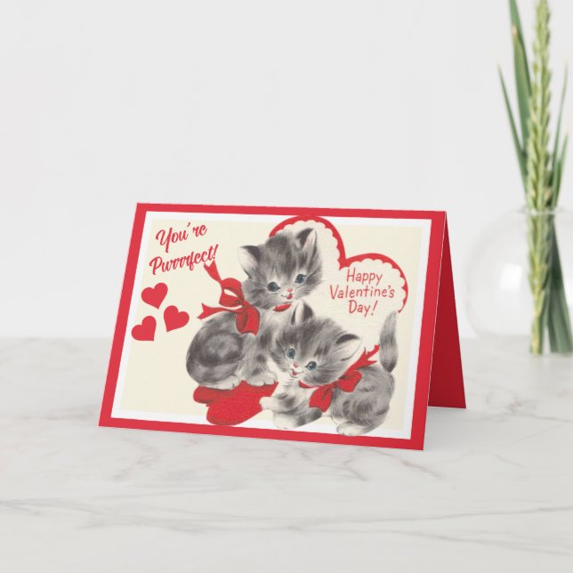 Retro Vintage Valentine Day Kittens Personlig Helgkort (Framsida)
