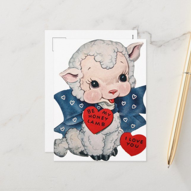 Retro vintage Valentine lamb Helg Vykort (Fram/Back In Situ)