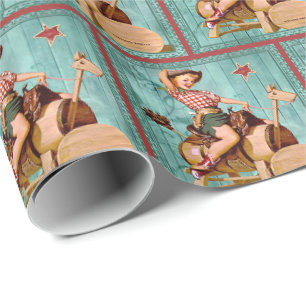 Retro vintageCowgirl på trähäst Presentpapper