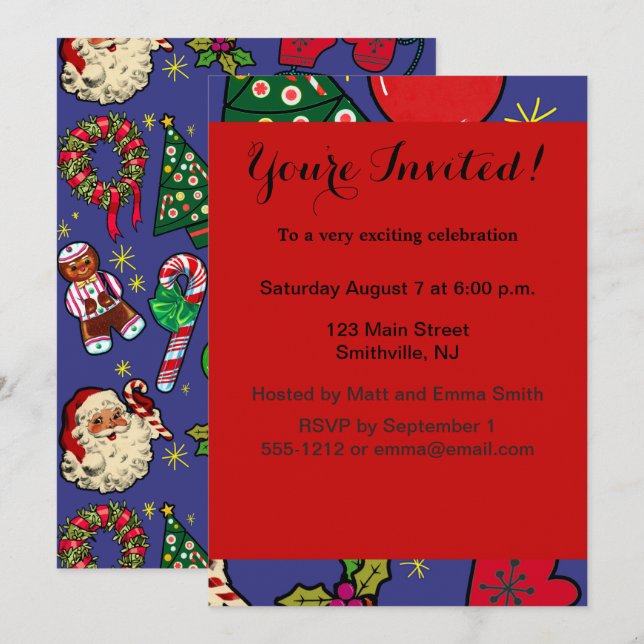 Retro-Vintagen - färgstark blå röd Grönt Inbjudningar (Fram/baksida)