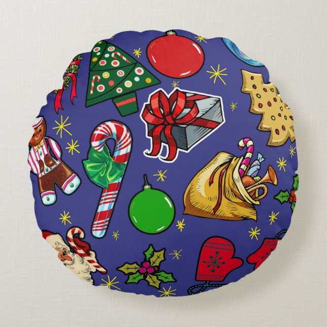 Retro-Vintagen - färgstark blå röd Grönt Rund Kudde (Framsidan)