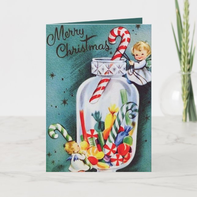 Retro vinting julklapp Änglar add meddelandekort Helgkort (Framsida)