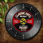 Retro Vinyl 45-Personligens väggklocka<br><div class="desc">Roligt,  personligens återtro på muspekaren fläkt anpassningsbar väggklocka! Förutom siffrorna finns all text i den här designen i ett mallformulär. Ändra all text eller lämna en del som,  för personligen perfekt,  retro 45 vinylinspelad musik,  älskare-gåva!</div>
