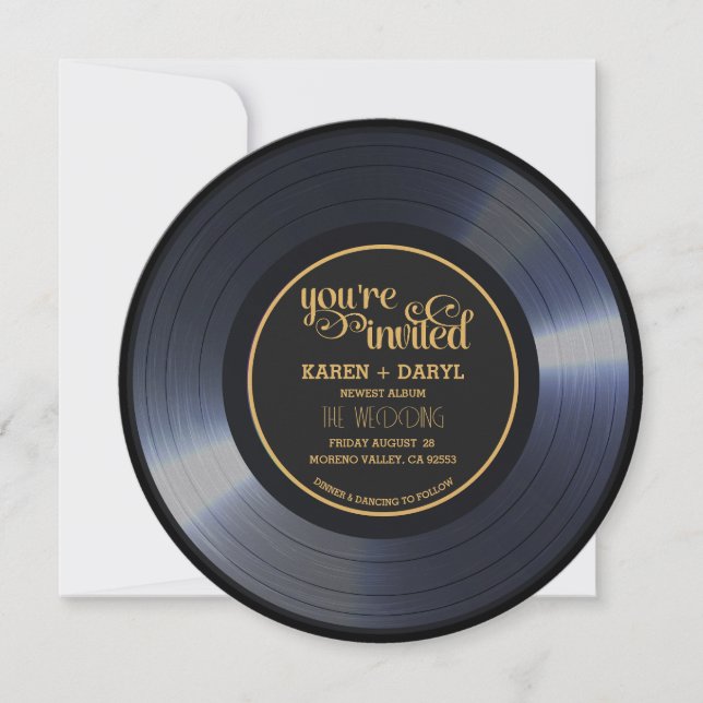 Retro Vinyl Black Bröllop Record Inbjudningar (Framsida)