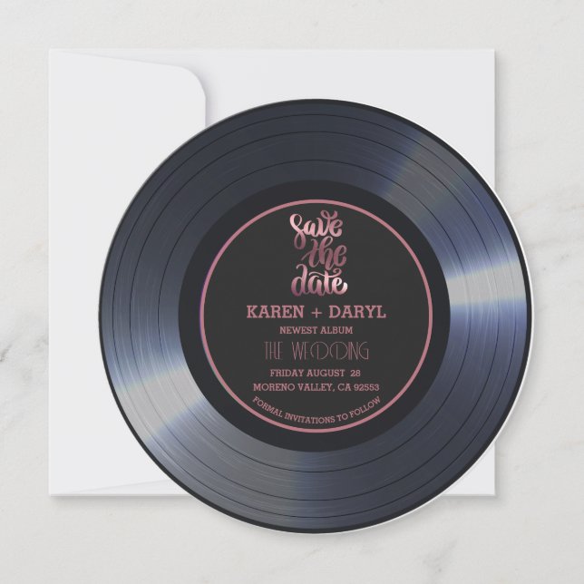 Retro Vinyl Record Black Bröllop spara datum Inv Inbjudningar (Framsida)