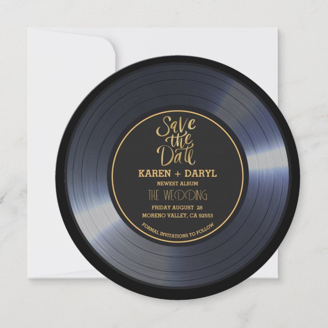 Retro Vinyl Record Black Bröllop spara datum Inv Inbjudningar (Framsida)