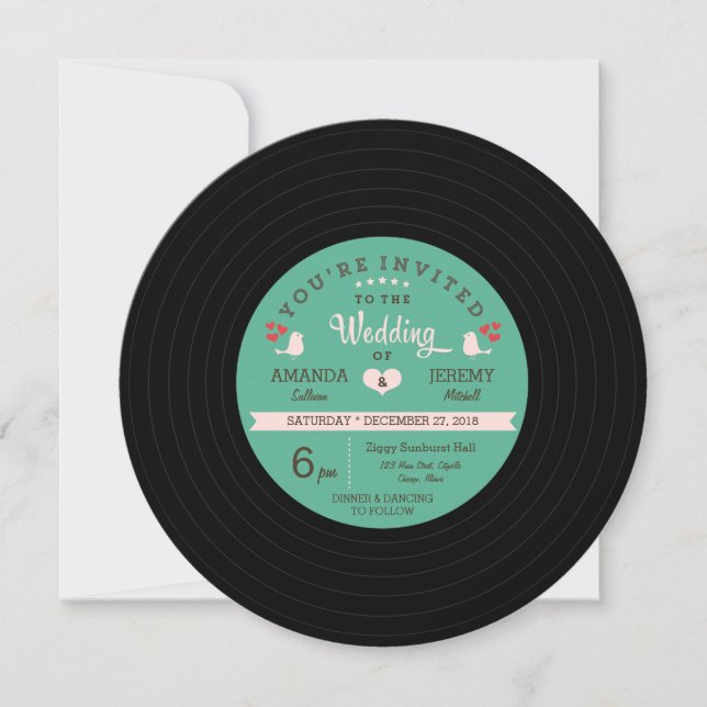 Retro Vinyl Record Bröllop -  uppgifter om Rosa Inbjudningar (Framsida)