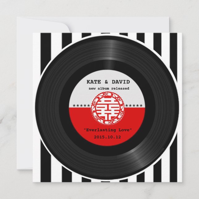 Retro Vinyl Record Dubbla Happy Bröllop Inbjudningar (Framsida)
