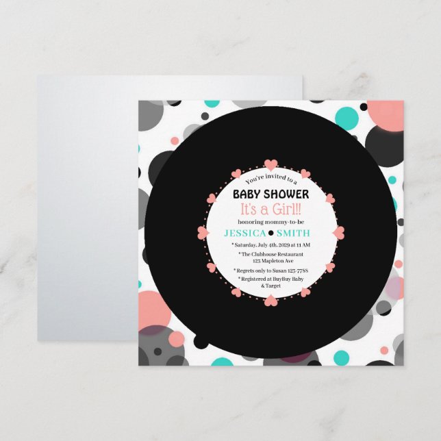 Retro Vinyl Record l Modern Chic Girl Baby Shower Inbjudningar (Fram/baksida)