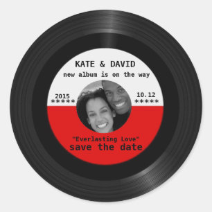 Retro Vinyl Record l Modern Spara-the-Date Runt Klistermärke