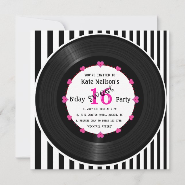 Retro Vinyl Record l Modern Sweet 16 B'day Inbjudningar (Framsida)