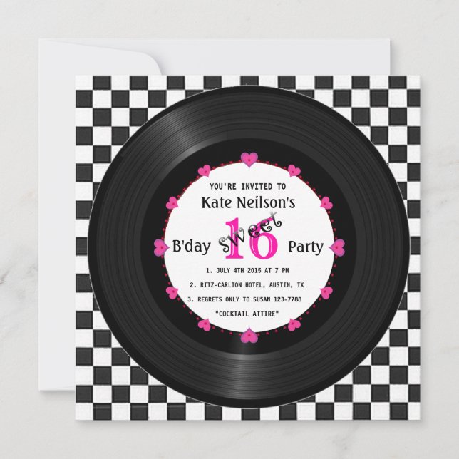 Retro Vinyl Record l Modern Sweet 16 B'day Inbjudningar (Framsida)