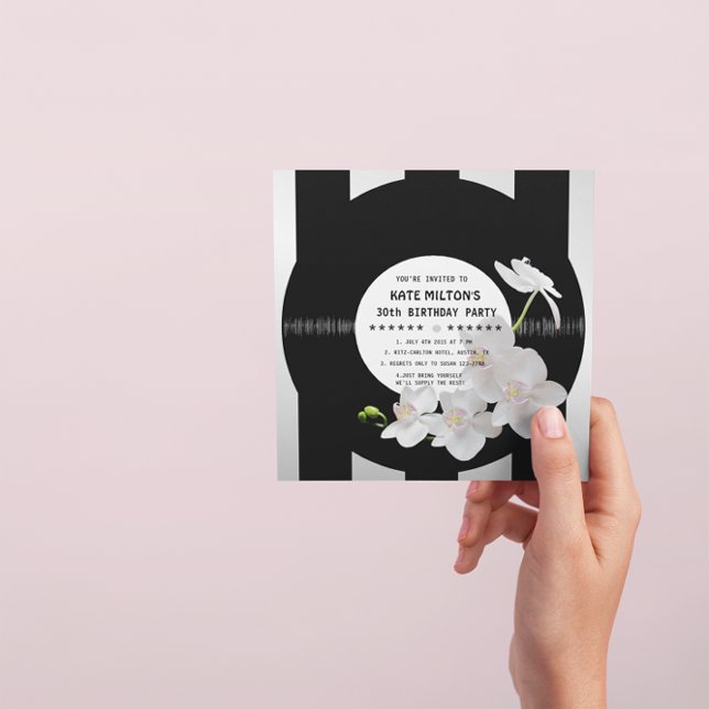 Retro Vinyl Record Modern Orchids Birthday Inbjuda Inbjudningar (Skapare uppladdad)