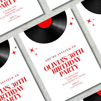 Retro Vinyl Record Music Birthday Bash in Red Inbjudningar
