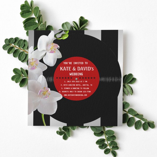 Retro Vinyl Record Orchids Modern Bröllopsinbjudni Inbjudningar (Skapare uppladdad)