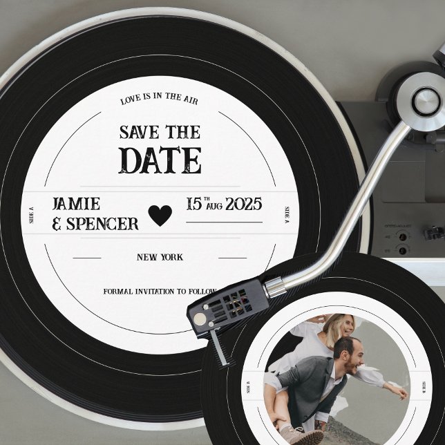 Retro Vinyl Record Photo Bröllop spara datum Inbjudningar (Vinyl record - photo save the date)