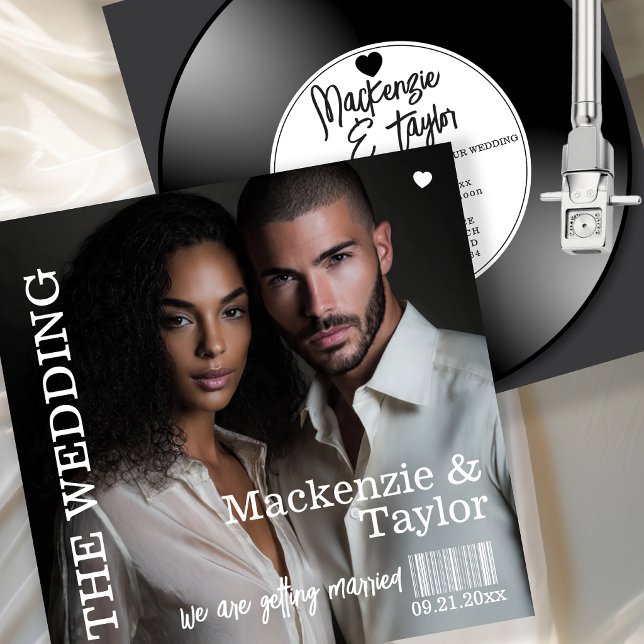 Retro Vinyl Record Photo Cover Wedding Inbjudningar (Retro Vinyl Record Photo Cover Wedding Invitation by Ricaso - Fun novelty music lover invite)