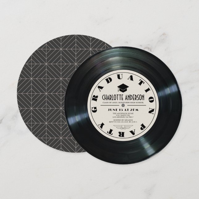 Retro Vinyl Record Tan Studenten Inbjudningar (Fram/baksida)