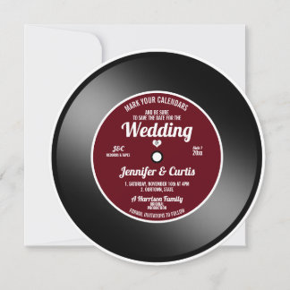 Retro Vinyl Record Vin Red Bröllop spara datum Inbjudningar