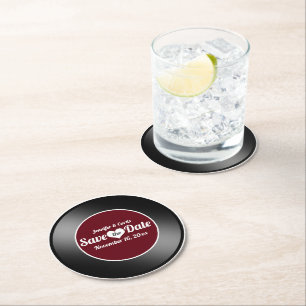 Retro Vinyl Record Vin Red Bröllop spara datum Underlägg Papper Rund