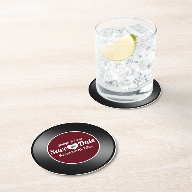 Retro Vinyl Record Vin Red Bröllop spara datum Underlägg Papper Rund (Insitu)